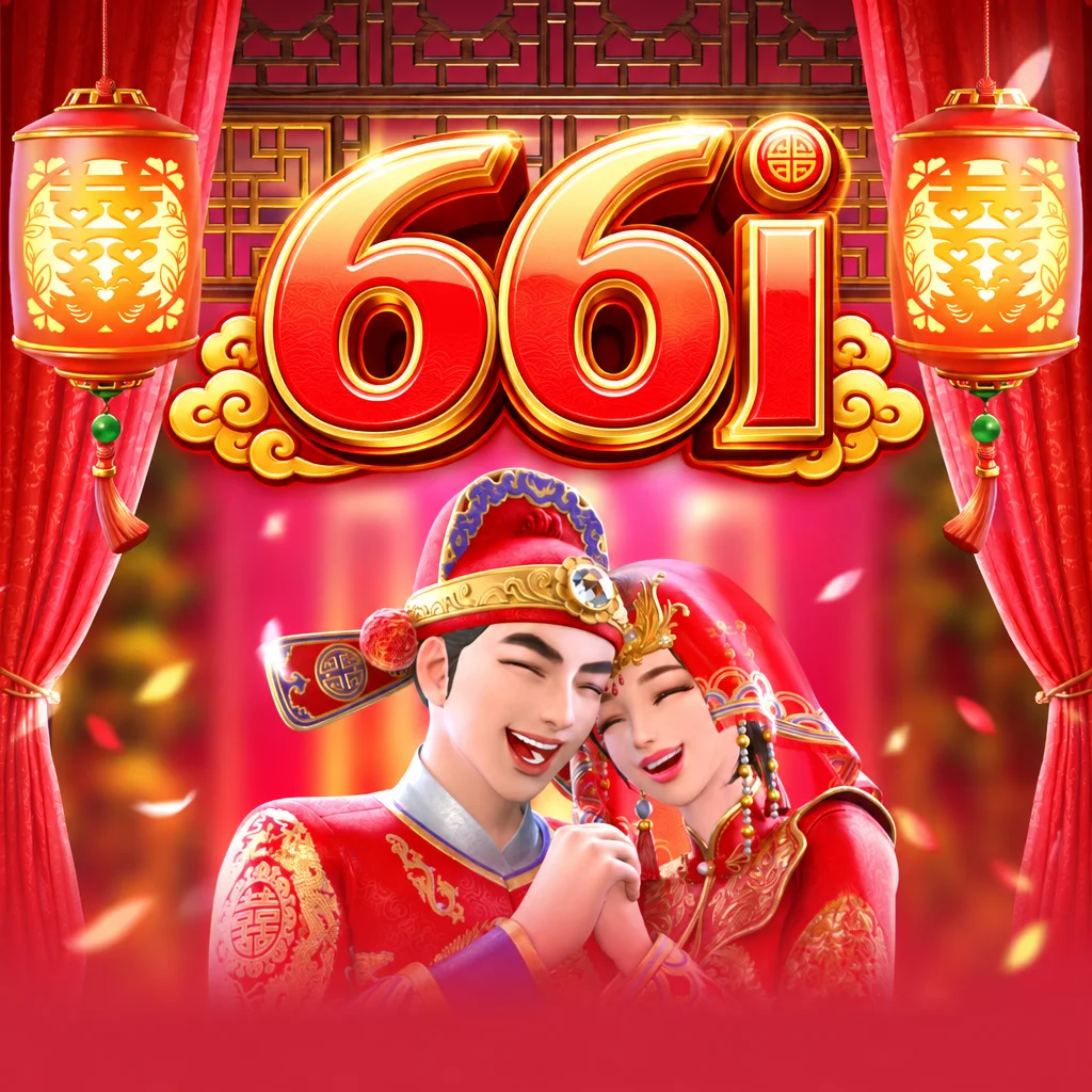 Logo 66i di atas pasangan pengantin tradisional Tionghoa dalam tema Double Fortune