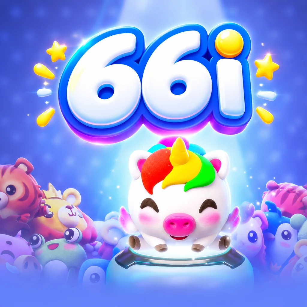 Logo 66i bersama karakter boneka babi bertanduk unicorn dalam tema Plushie Frenzy